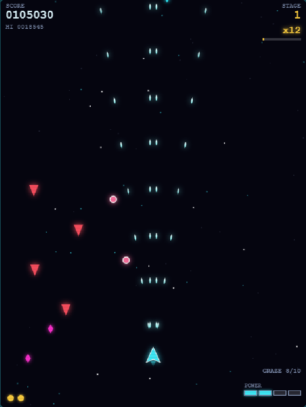 VOID STRIKERのステージ1、コンボ倍率が上がった状態のプレイ画面